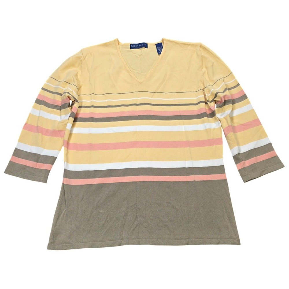 Karen Scott 3/4 Sleeve Knit Tee Women's Size M Yellow Pink Striped V-Neck